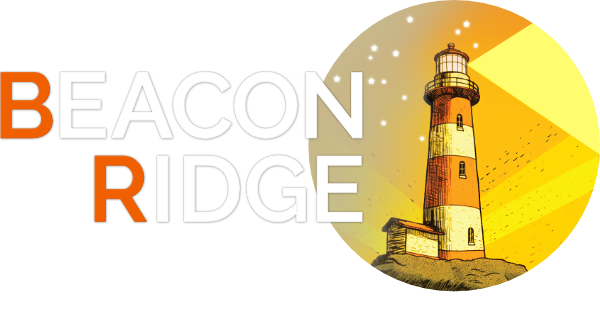 logo graphic, name, lighthouse on island with beam of light, stars in sky